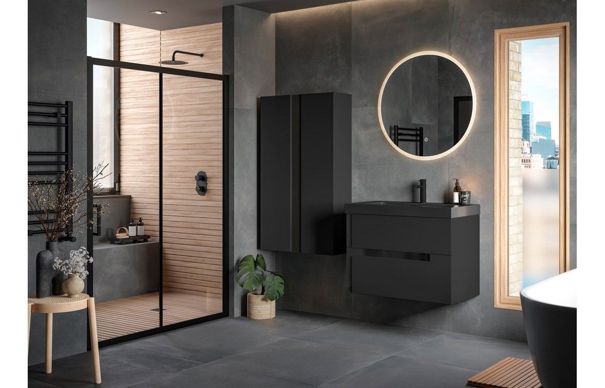 Kingston Wall Hung 1 Door Tall Unit 350mm - Matt Black & Glass