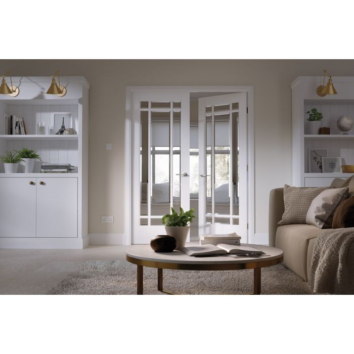 Manhattan Solid Core Internal Door Pair - Primed - Clear Bevelled Glazing 1981 x 1168mm White WFPRSMANCG46