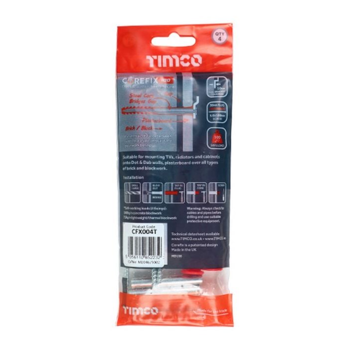 TIMco Corefix Dot & Dab Plasterboard Fixing Anchors 5.0 x 100mm - Pack of 4