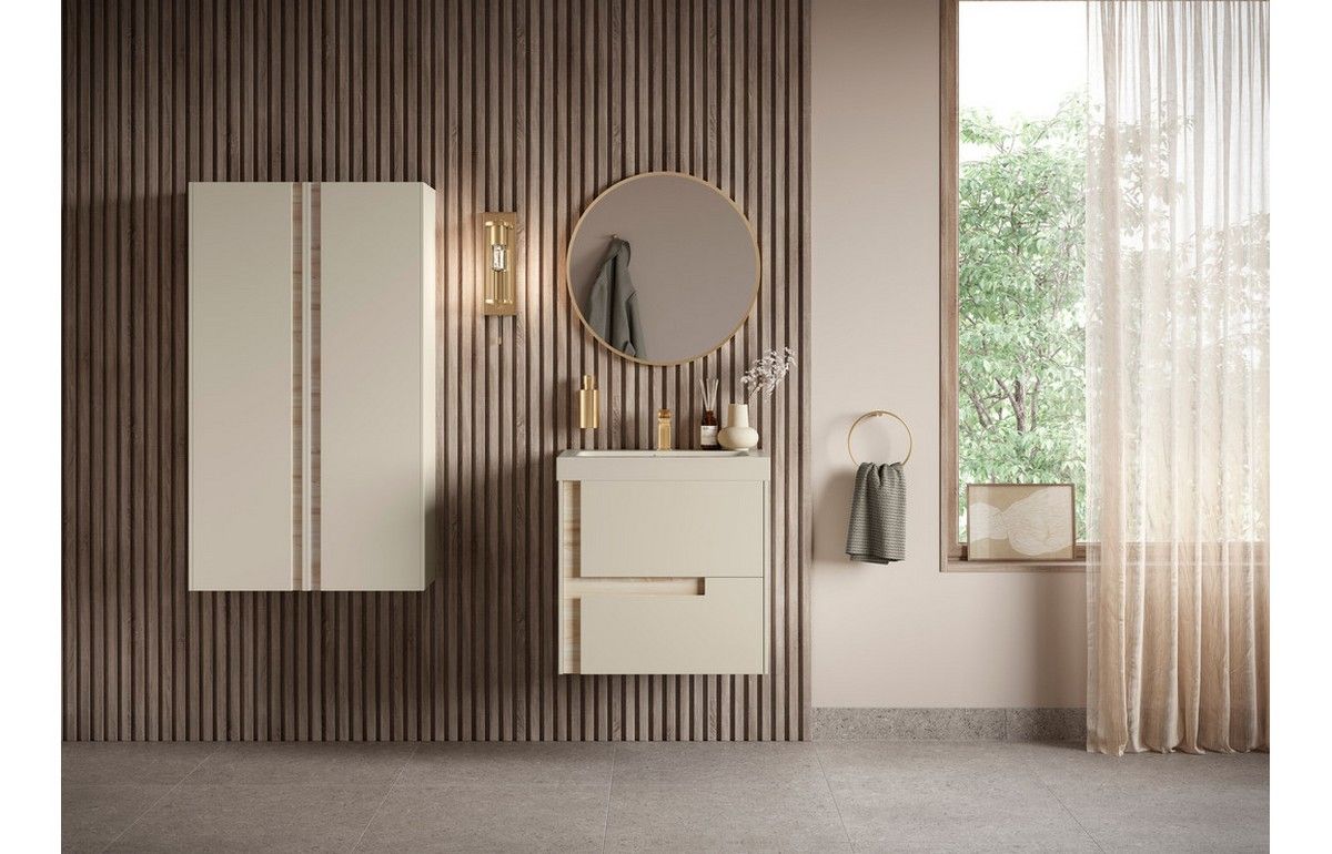 Kingston Wall Hung 1 Door Tall Unit 350mm - Matt Cotton & Oak Effect