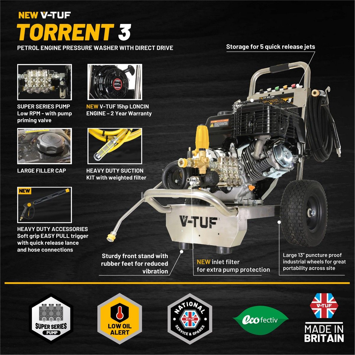 V-TUF TORRENT 3 Industrial Petrol Pressure Washer (15HP, 3980 psi, 15ltrs_Min)