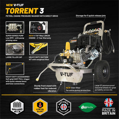 V-TUF TORRENT 3 Industrial Petrol Pressure Washer (15HP, 3980 psi, 15ltrs_Min)
