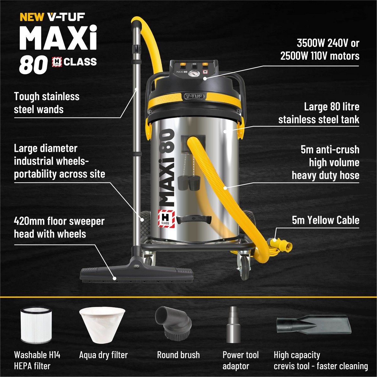 V-TUF MAXI H-CLASS Industrial Dust Extractor Vacuum Cleaner (110V_2400W_80ltr)