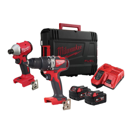 Milwaukee M18 Brushless Percussion Drill & Impact Driver Twin Pack with 5.0Ah Li-Ion & Fast Charger