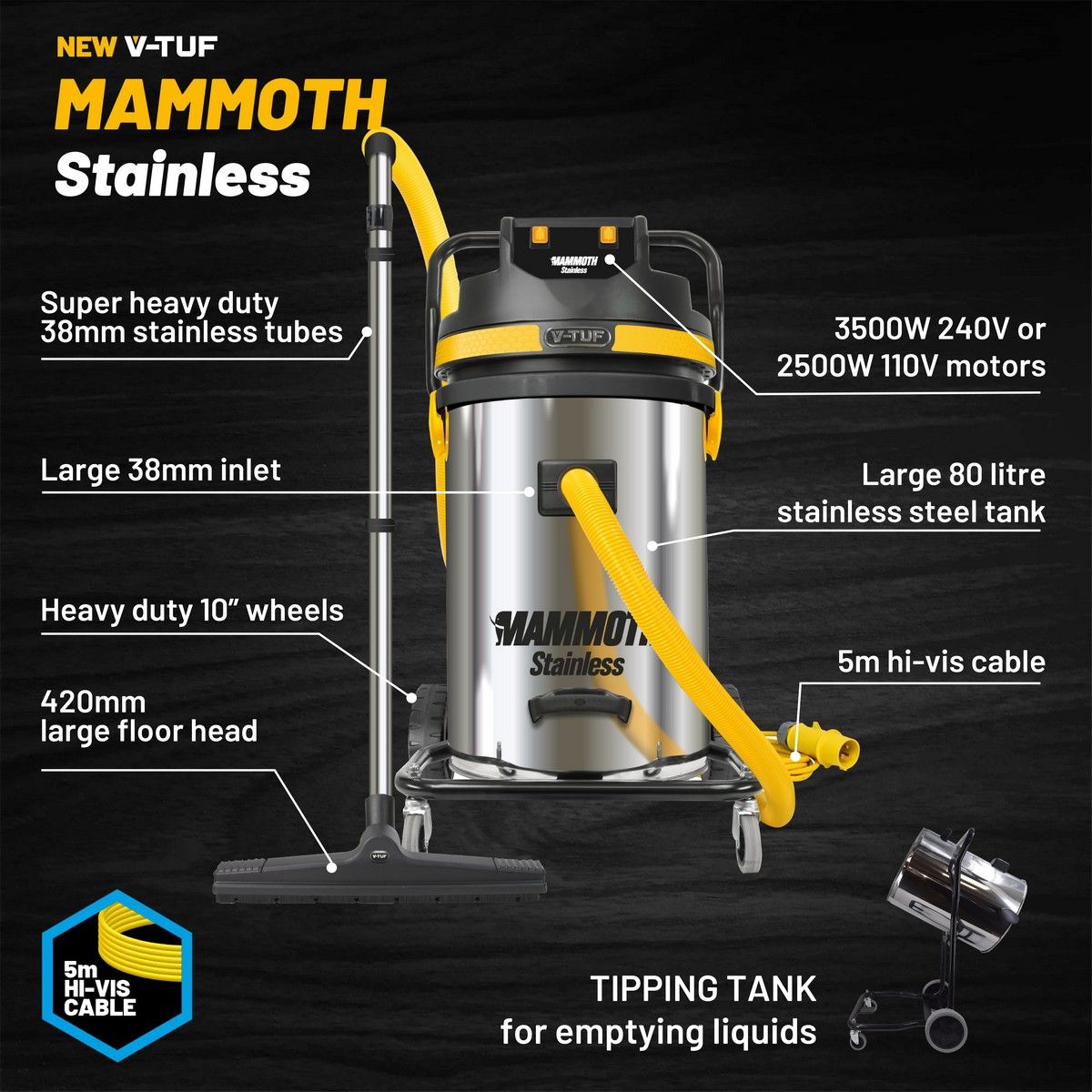 V-TUF MAMMOTH Wet & Dry Vacuum Cleaner (2500W_110V_80ltr)