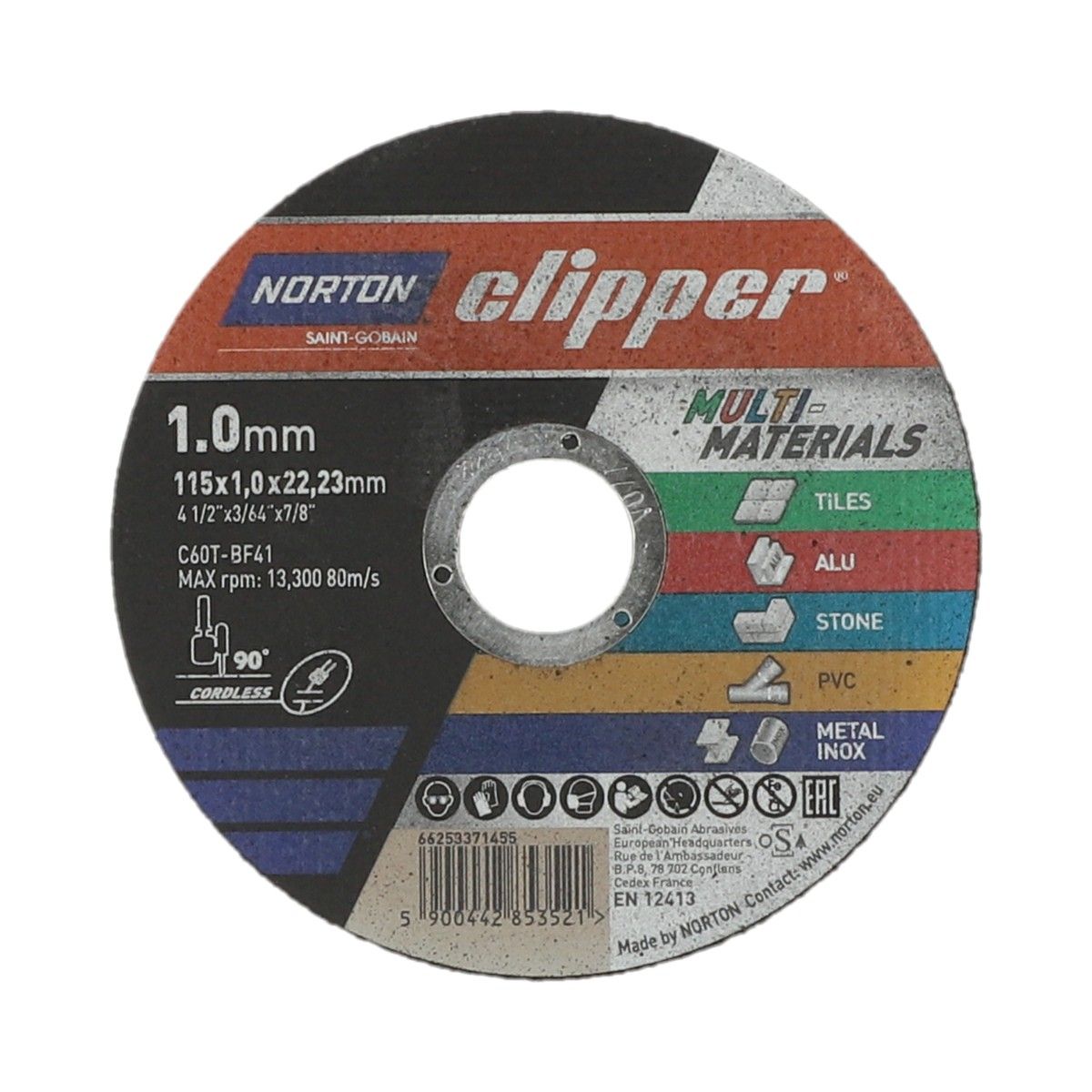 Norton Clipper Cutting Disc for Stone/Metal/UPVC/Tiles/Copper 115 x 1 x 22.23mm Black