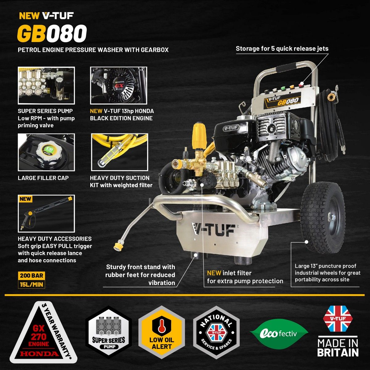 V-TUF Honda Petrol Pressure Washer (9HP, 200 Bar @ 15ltrs_Min)