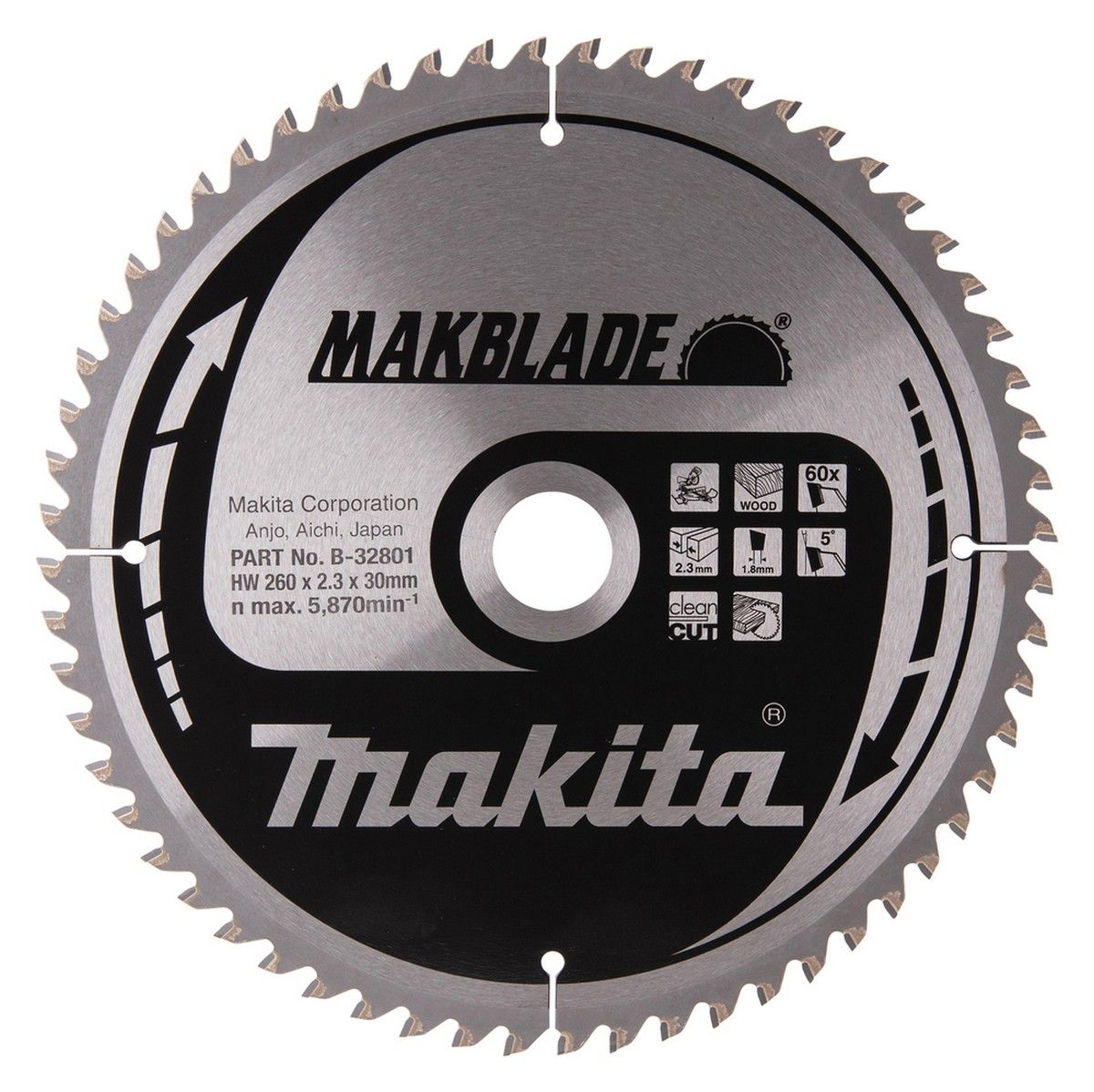 Makita Mitre Saw TCT Blade 260mm x 2.3mm Kerf - 30mm Bore x 60T
