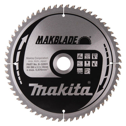 Makita Mitre Saw TCT Blade 260mm x 2.3mm Kerf - 30mm Bore x 60T