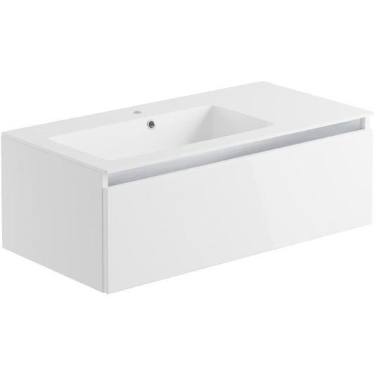 Cerne 1 Drawer Wall Mounted Unit & Basin 900mm - White Gloss
