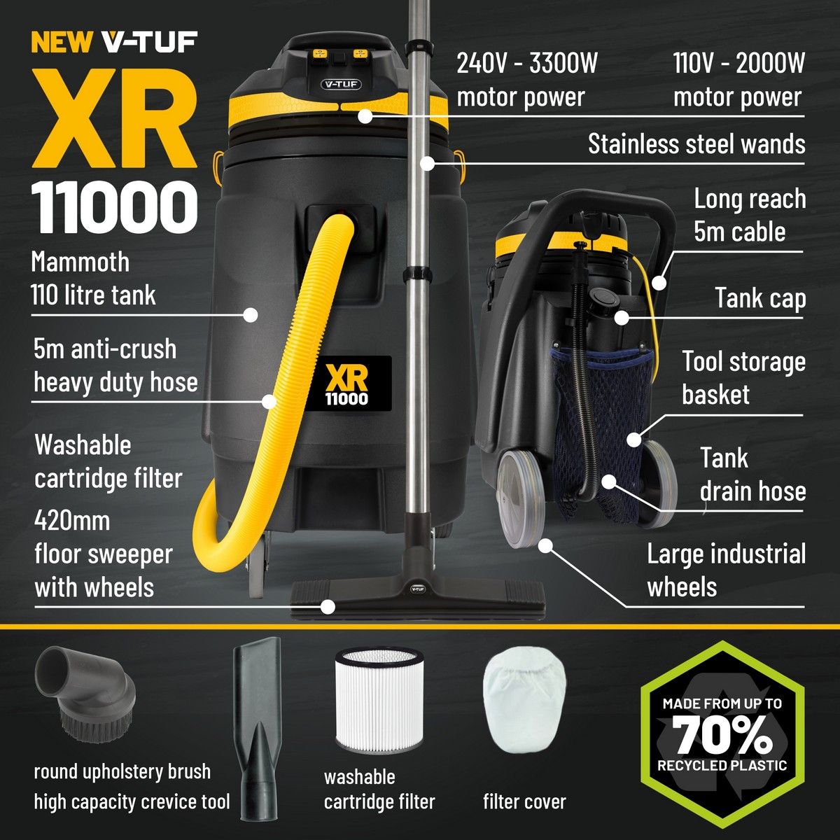 V-TUF XR11000 High Performance Wet & Dry Industrial Vacuum Cleaner (240V_3300W_110ltr)