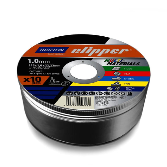 Norton Clipper Cutting Disc for Stone/Metal/UPVC/Tiles/Copper 115 x 1 x 22.23mm Black (Pack of 10)