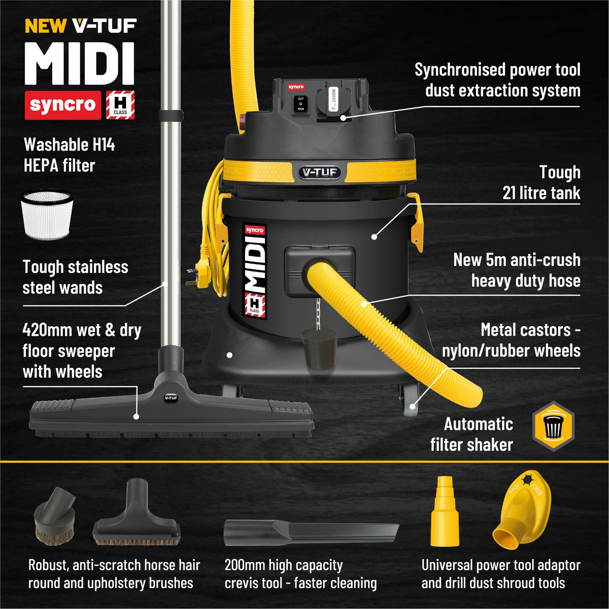 V-TUF MIDI SYNCRO H-CLASS Industrial Wet & Dry Vacuum 240v - MIDI S240