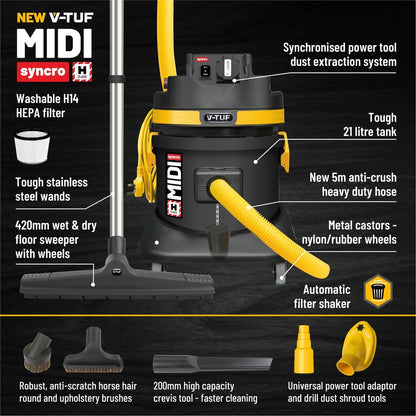 V-TUF MIDI SYNCRO H-CLASS Industrial Wet & Dry Vacuum 240v - MIDI S240
