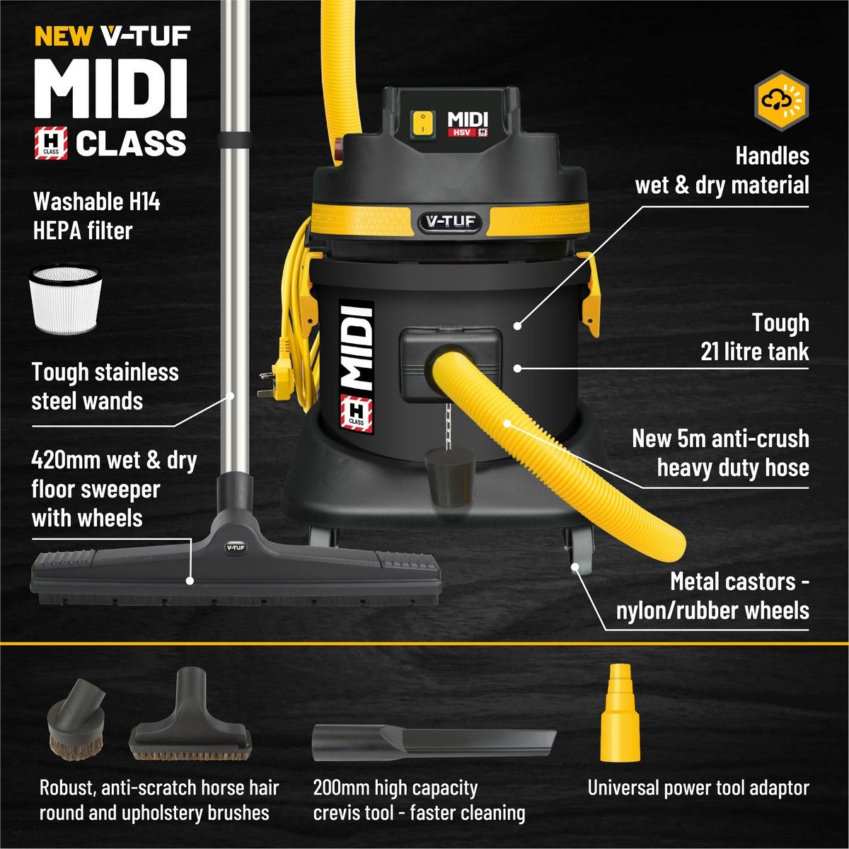 V-TUF MIDI H-CLASS Industrial Wet & Dry Vacuum Cleaner (240v, 21ltr) - MIDI H240