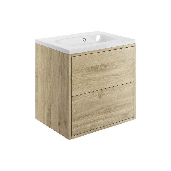 Dorchester 2 Drawer Wall Vanity Unit (Basin Included) 600mm - Havana Oak