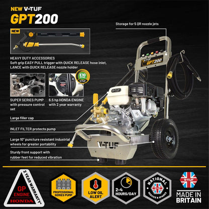 V-TUF Industrial Petrol Pressure Washer with GP200 Honda Engine (6.5hp/190bar/2755psi)