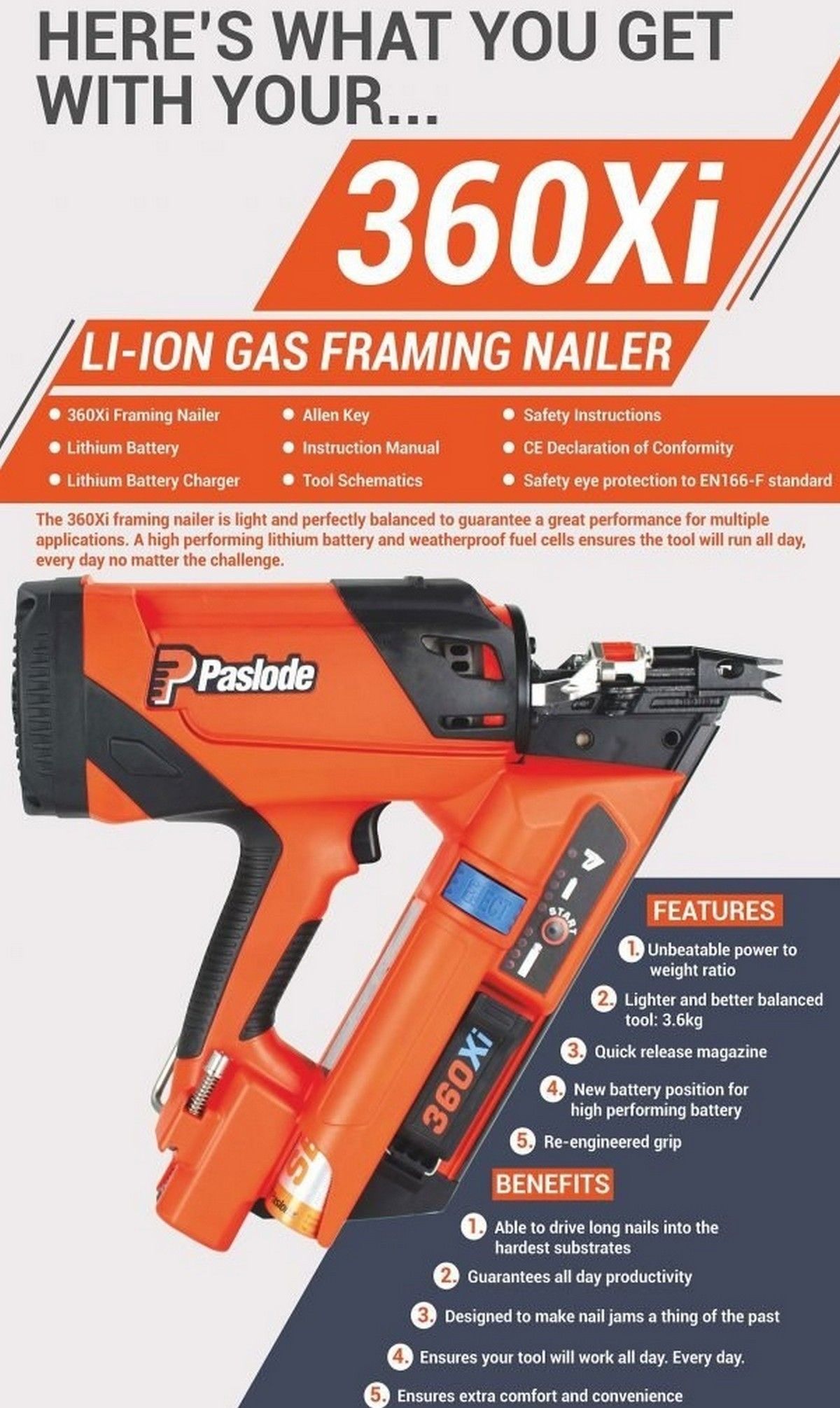 Paslode 360Xi Framing Nailer Orange