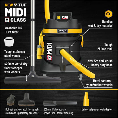 V-TUF MIDI H-CLASS Industrial Vacuum Cleaner (110v, 21ltr) - MIDI H110