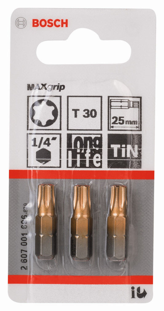 Bosch T30 TiN Maxgrip Screwdriver Bit 25mm (Pack of 3)