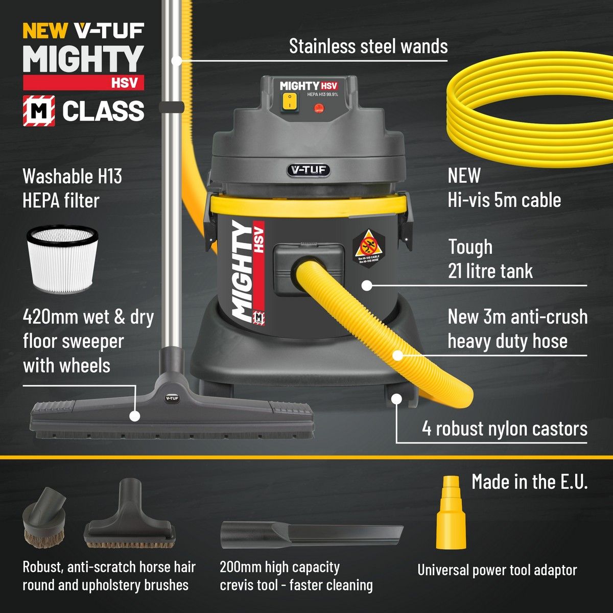 V-TUF MIGHTY M-CLASS Industrial Wet & Dry Dust Extractor Vacuum Cleaner (240V_37ltr)